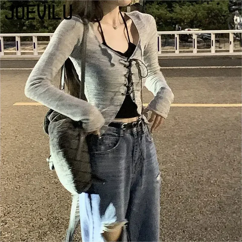 Cross Strap Top Halter Shirts 2 Piece Sets Chic Long Sleeve Sunscreen Shirt Y2k Casual Thin Cardigan Women\'s High Street Blouses