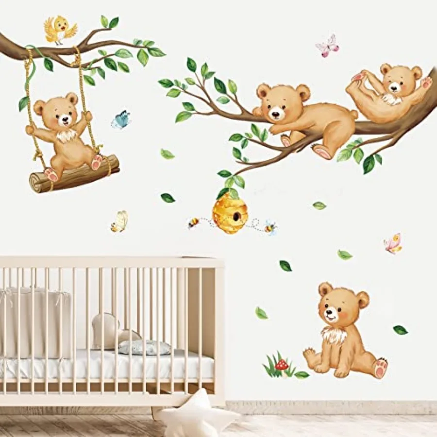 

Woodland Bear Wall Decals Animal Tree Branch Wall Stickers Baby Nursery Bedroom Living Room Wall Decor