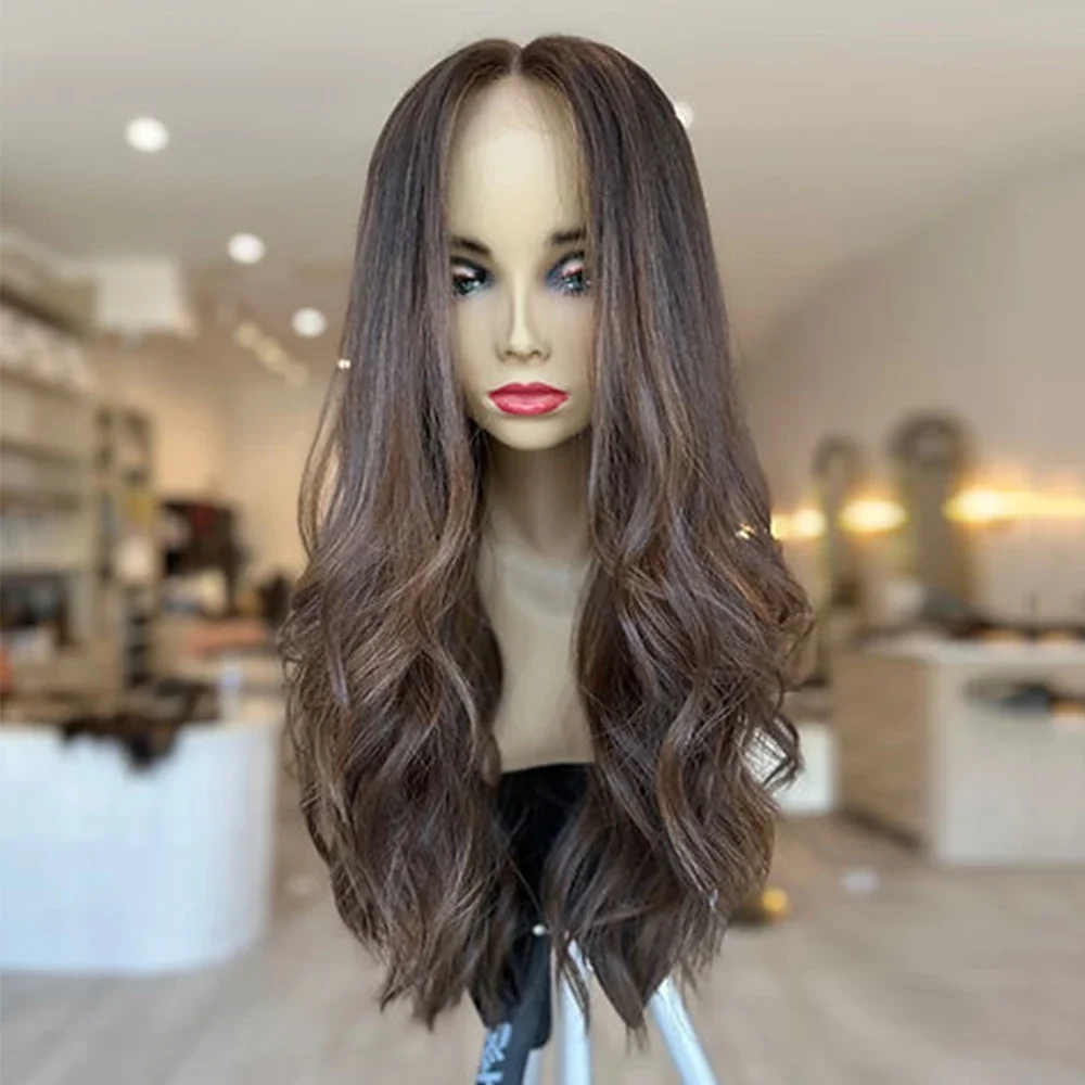 

HD Lace 200Density 26“ Highlight Brown Wave Jewish 5x5 Silk Base European Human Hair Wig For Women BabyHair Gluelesss Preplucked