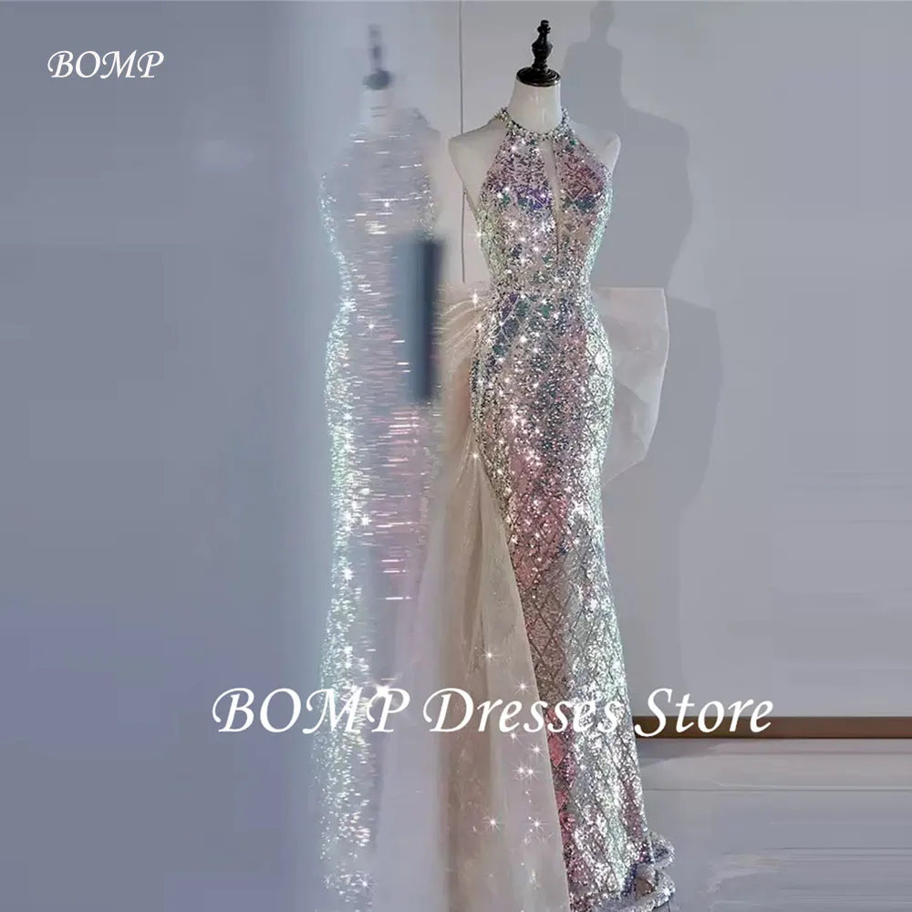 BOMP Glitter Shiny Mermaid Evening Dresses Korea Photo shoot O-Neck Pearls Overskirt Long Prom Gowns Party Formal Customized