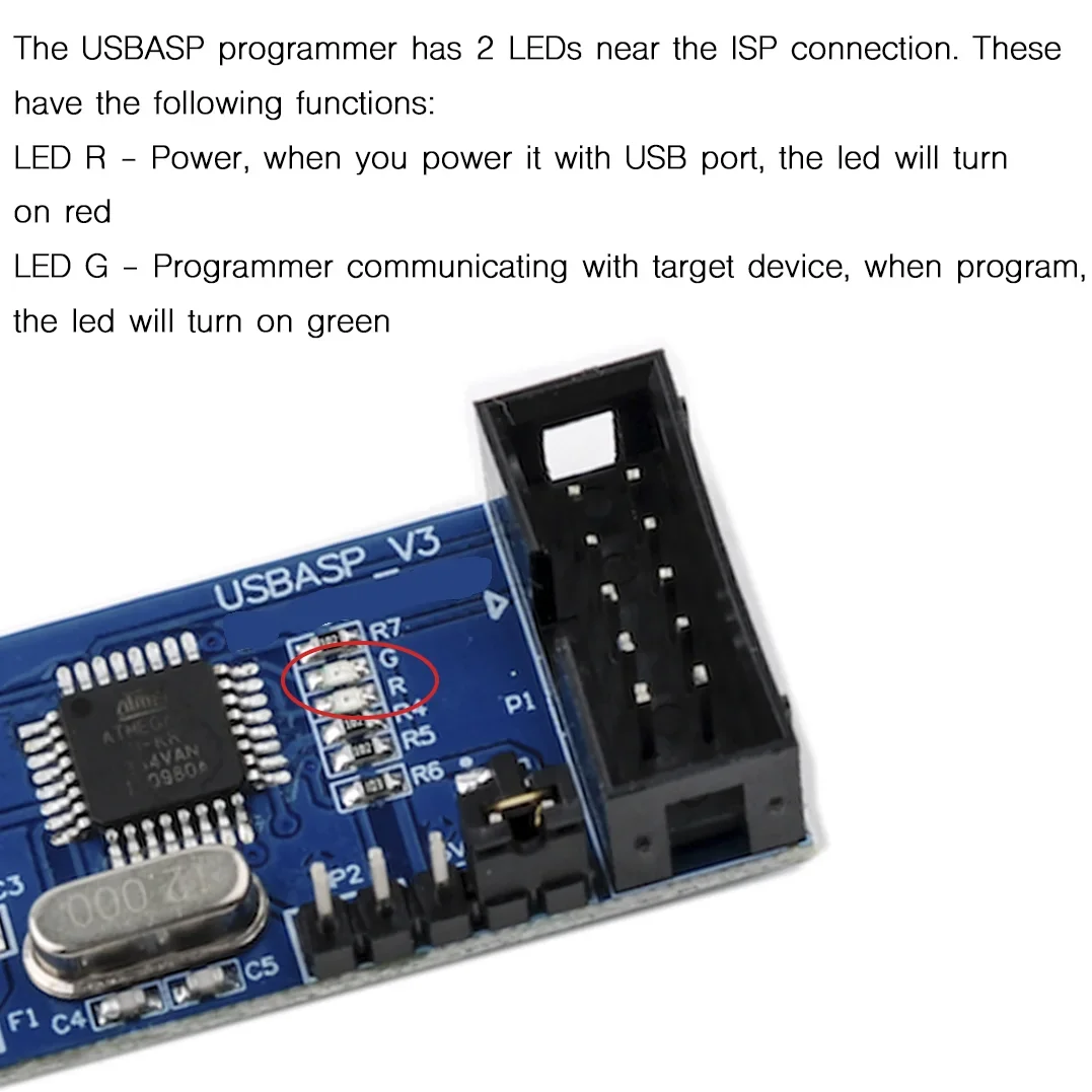 USBASP V3 AVR Programmer - USB ISP Downloader for 51/AVR MCU with 10PIN to 6PIN Adapter - STK500 Protocol Compatible