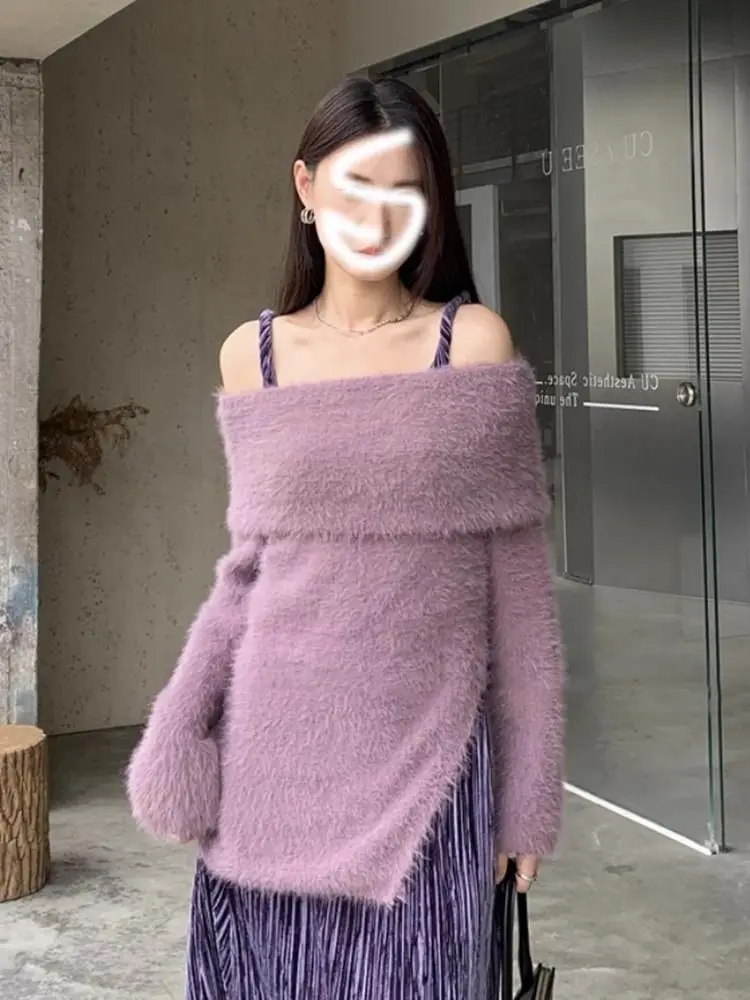 سترة نسائية كورية جديدة لعام 2025 بدون أكتاف من الفرو الصناعي Bodycon رغبة نقية لخريف وشتاء سترة ناعمة ومثيرة
