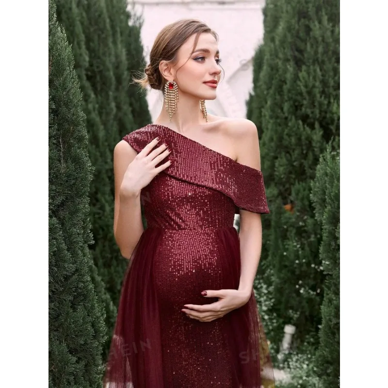 Maternity Asymmetrical Neck Mermaid Hem Sequin Formal Party Dress