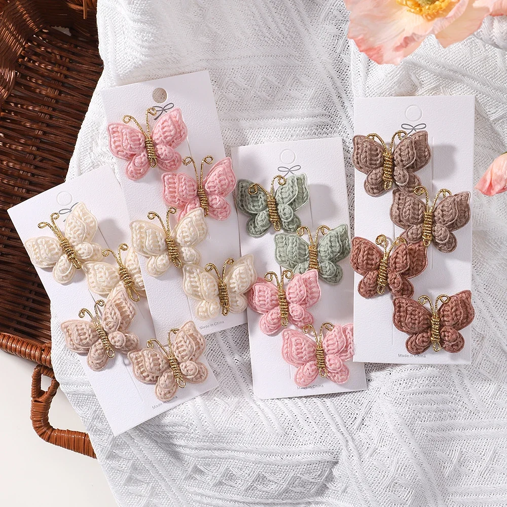 4pcs/set New Cute Baby Girls Wool Knitting Headwear Handmade Crochet Butterfly Alloy Hairs Clips Children Hairpins Wholesale