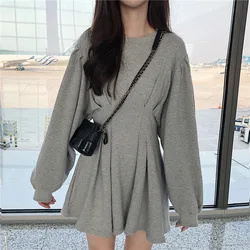 Women's O-Neck Pullover Dress Casual Elastic Waist Puff Long Sleeve Mini Dresses Female Korean Elegant Bodycon A-Line Dress