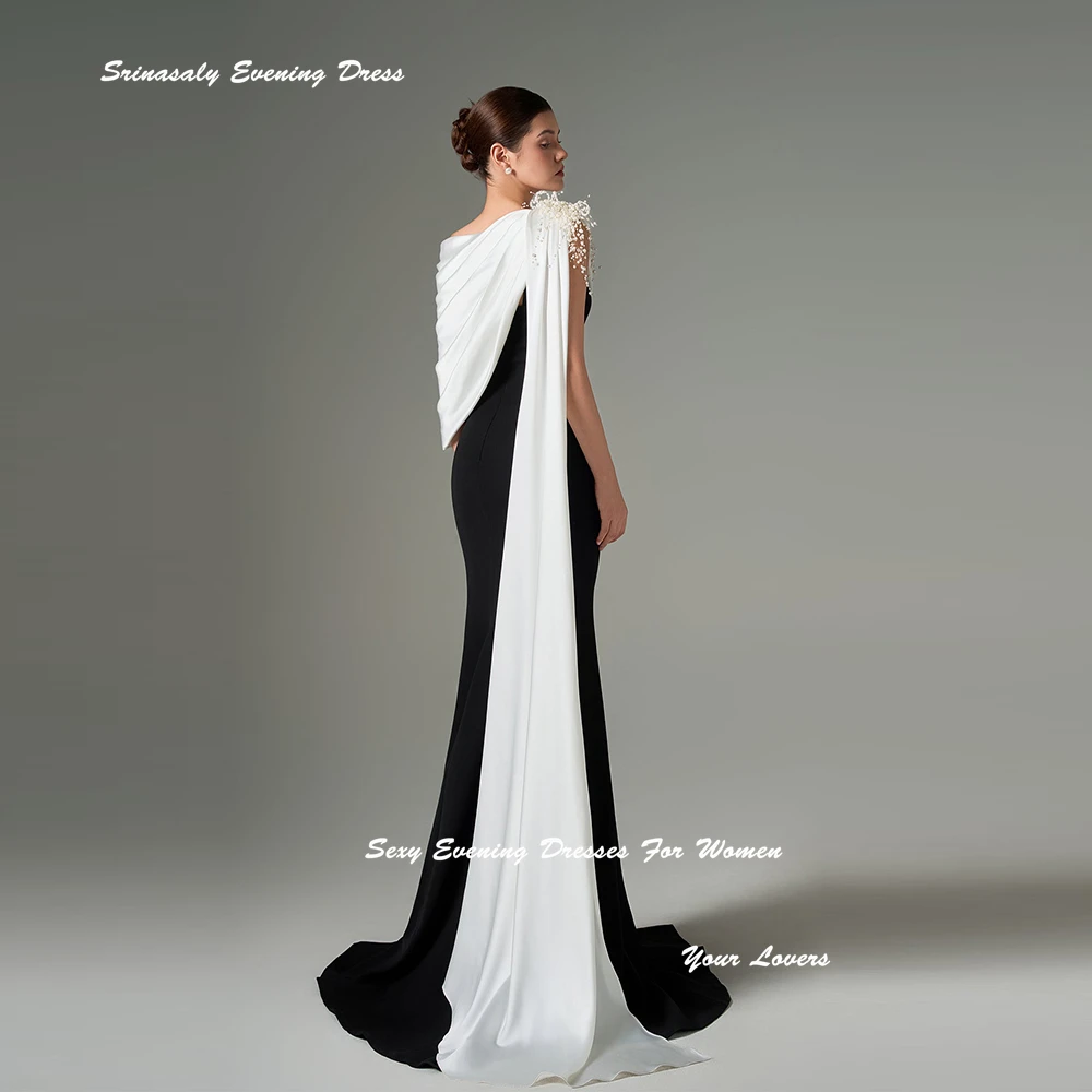 فساتين سهرة رسمية مكشوفة الكتفين من Fساتين سهرة طويلة من الكريب حورية البحر باللون الأبيض والأسود للنساء المثيرات فساتين قطار المحكمة