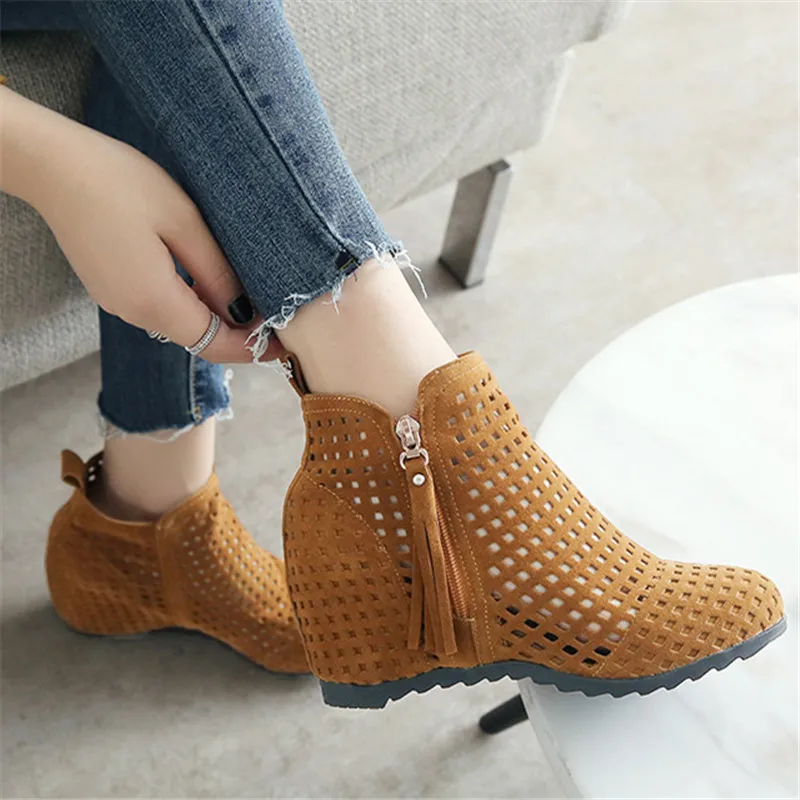 2024 New Women Summer Boots Flat Low Hidden Wedges Cutout Zip Bootas Ladies Dress Casual Shoes Hot Sale Size 34-43 Botas Mujer