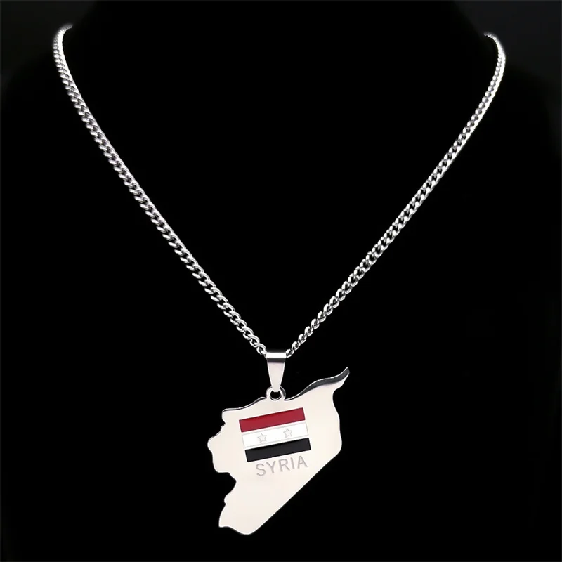 Syria Flag Country Map Pendant Necklace Women Men Stainless Steel Traditional Syrians Silver Color Necklaces Jewelry 7603S05