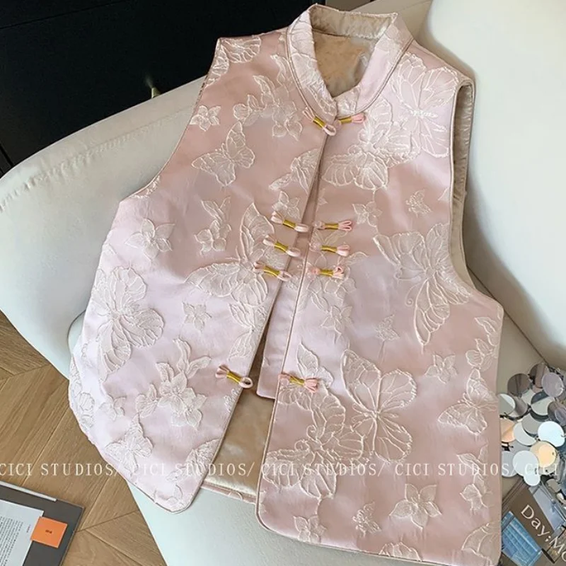 

Chinese Style Butterfly Embroidery Sleeveless Vest Jacket Women Autumn Spring Stand Collar Satin Vest Coat Casual Female Tops