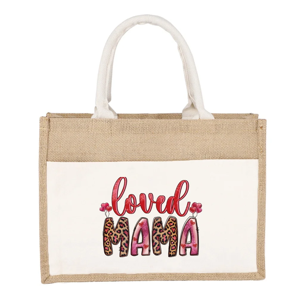 Tote Bag Jute Portable Shoulder Bag Shopping Bags Mom Series Lightweight Beach Handbags ECO Linen Grocery Storage Bags