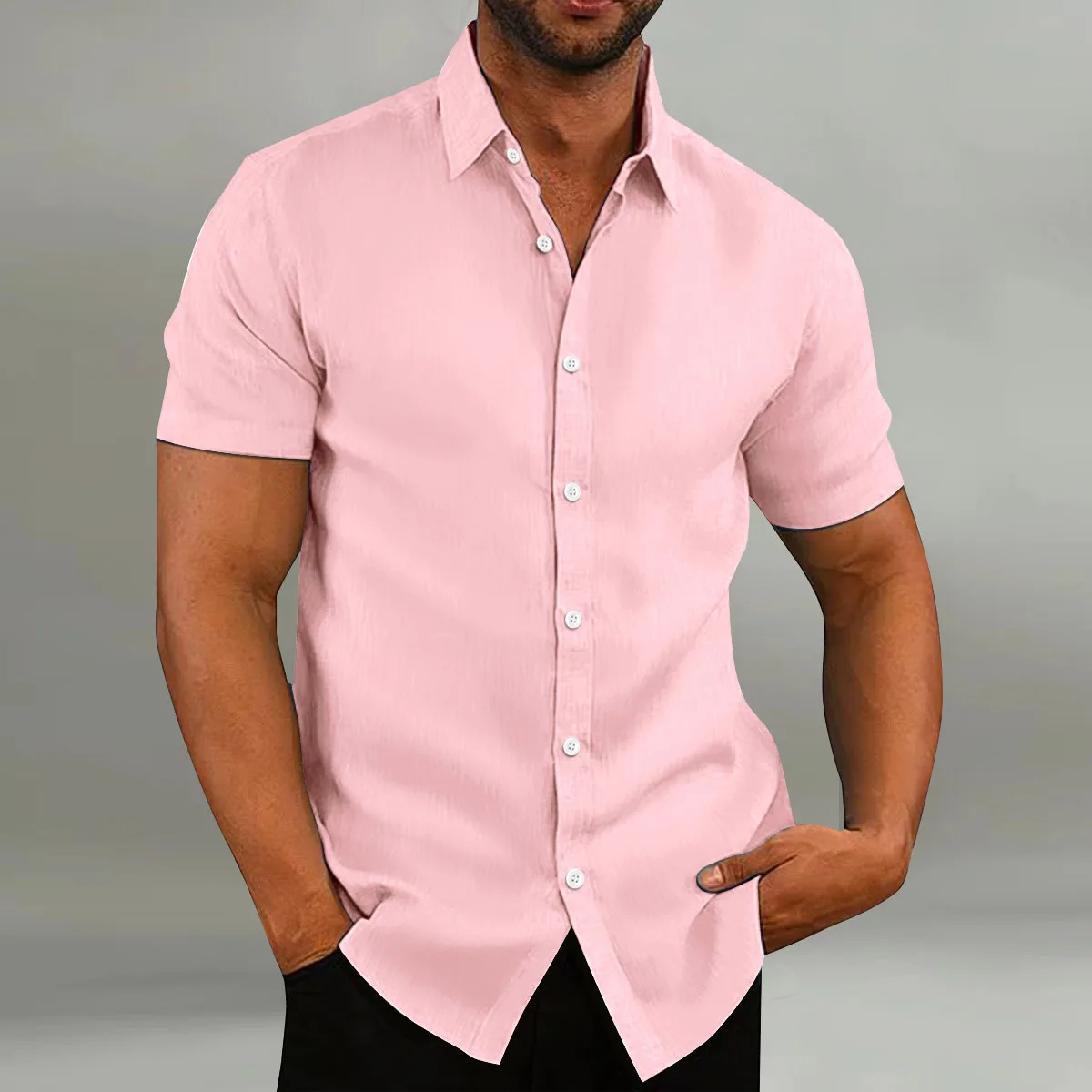 2024 verão masculino casual solto manga curta algodão lapela cor sólida confortável cardigan camisa de alta qualidade topos