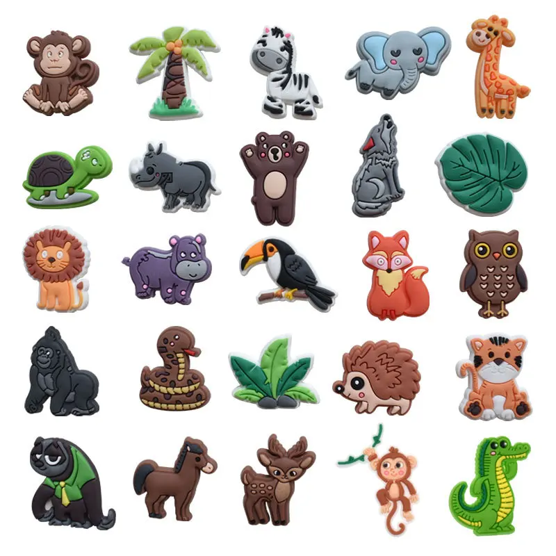 25pcs Best Seller Jungle Animal PVC Shoe Charms easy install removable DIY Decor For Clogs bright cartoon jungle ornaments