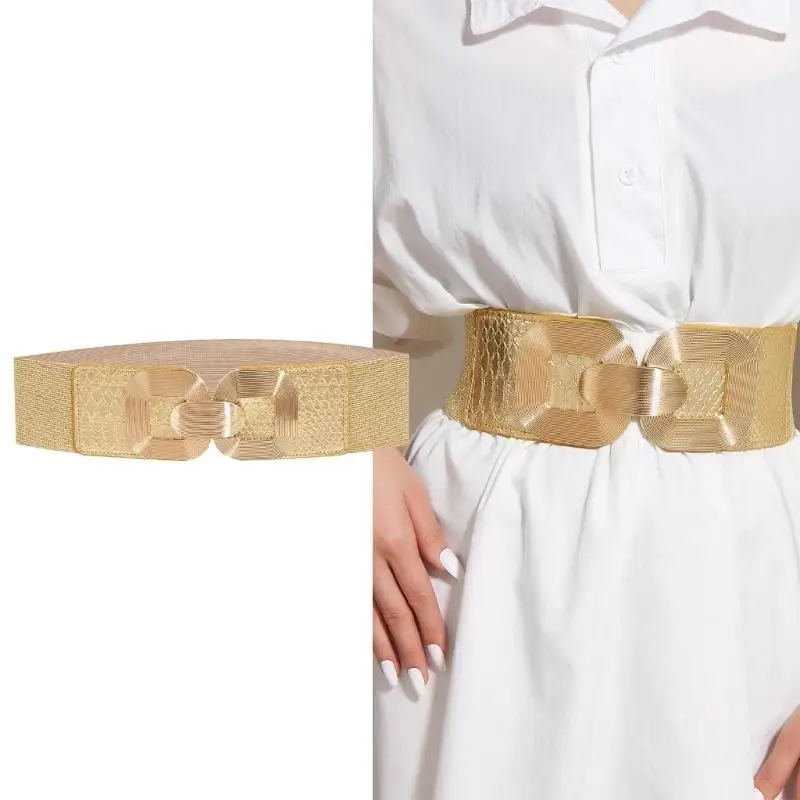 

652F Women's Stretchy Wide Belt Elegant Elastic Belt With Metal Hook Buckle Popular Gold Waistband For Modern Adult Daily Use