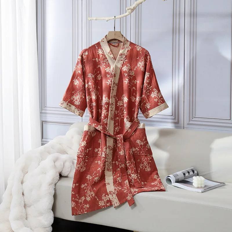 

Cotton Double-layer Yarn Bathrobe Jacquard Retro Kimono Nightgown for Spring and Summer Mid-long Sweat Steamed Kimono Robes
