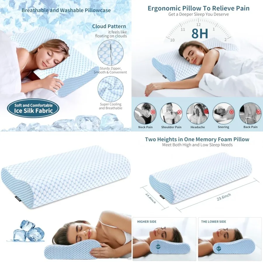 Cervical Pillow for Neck Pain Relief, Contour Memory Foam Pillows for Sleeping, Odorless Ergonomic Pillow Adjustable Orthopedic