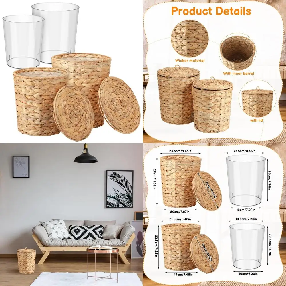 

Wicker Trash Cans with Lids and Liners - 2.7 Gallon & 1.88 Gallon Wastebaskets for Bathroom Storage and Boho Decor