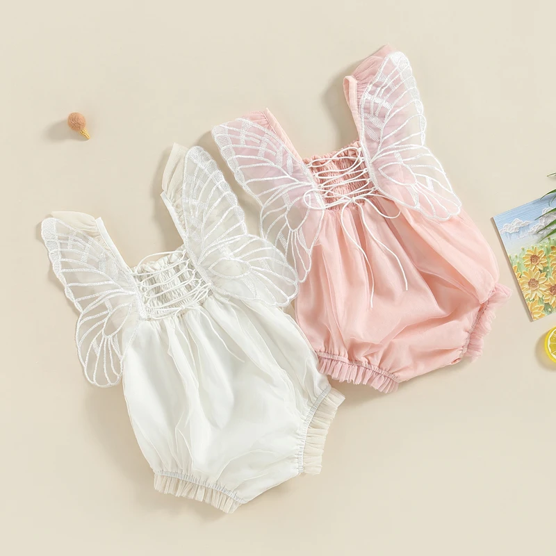 

2023-02-09 Lioraitiin 0-24M Newborn Baby Girls Bodysuit Fly Sleeve Embroidery Pleated Lacing Summer Jumpsuit