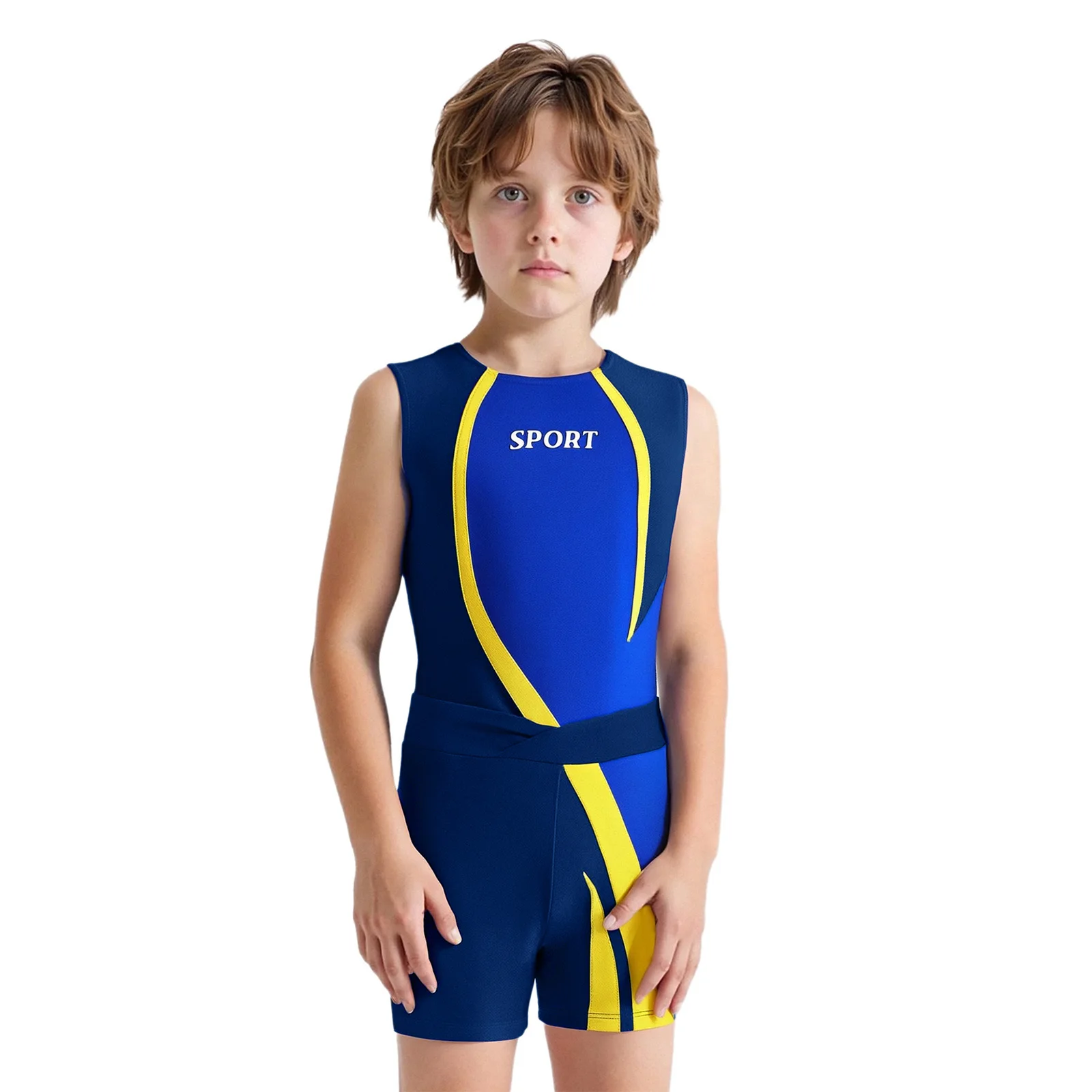 

Kids Boys Athletic Sports Suit Swimwear Sleeveless Letter Print Color Block Leotard with V-Front Shorts Gymnastics Dance Costume