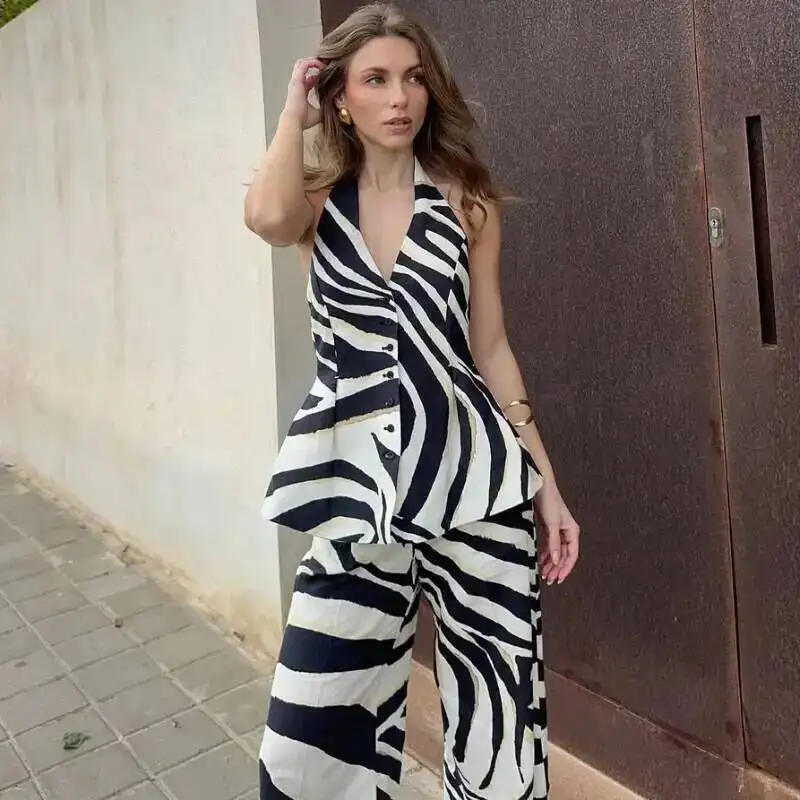 Casual Print Halter Vest Pants Sets Women Sleeveless Backless Button Tops High Waist Wide Leg Pant 2025 Lady Beach Outfit C9SQ