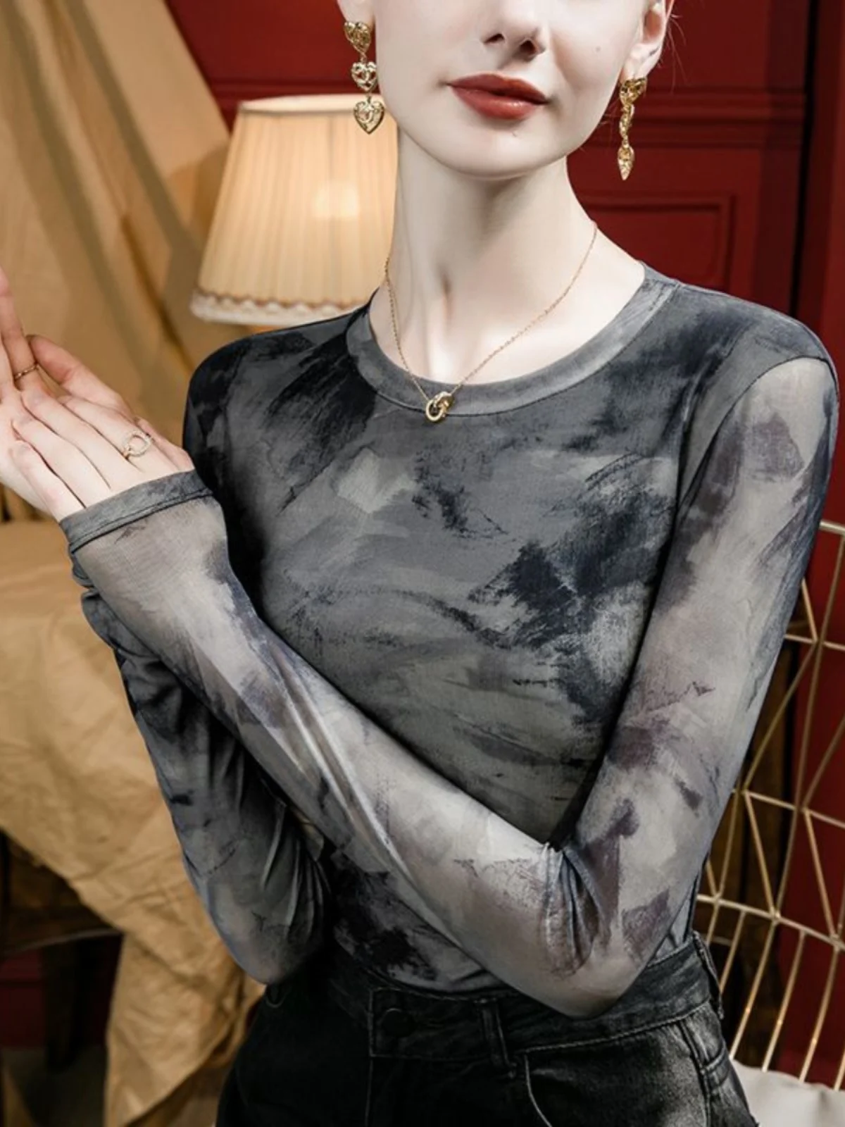 

Retro Dyed Print High End Me Base irt Women's Slim Fit Spring Autumn New Sle Faionable Long Sve Top Small irt