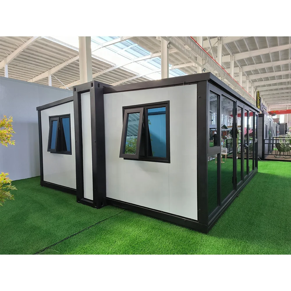Luxury Portable Sea Freight Container Prefabricated House With Glass Curtain Wall, Double Wing Folding Expansion Box