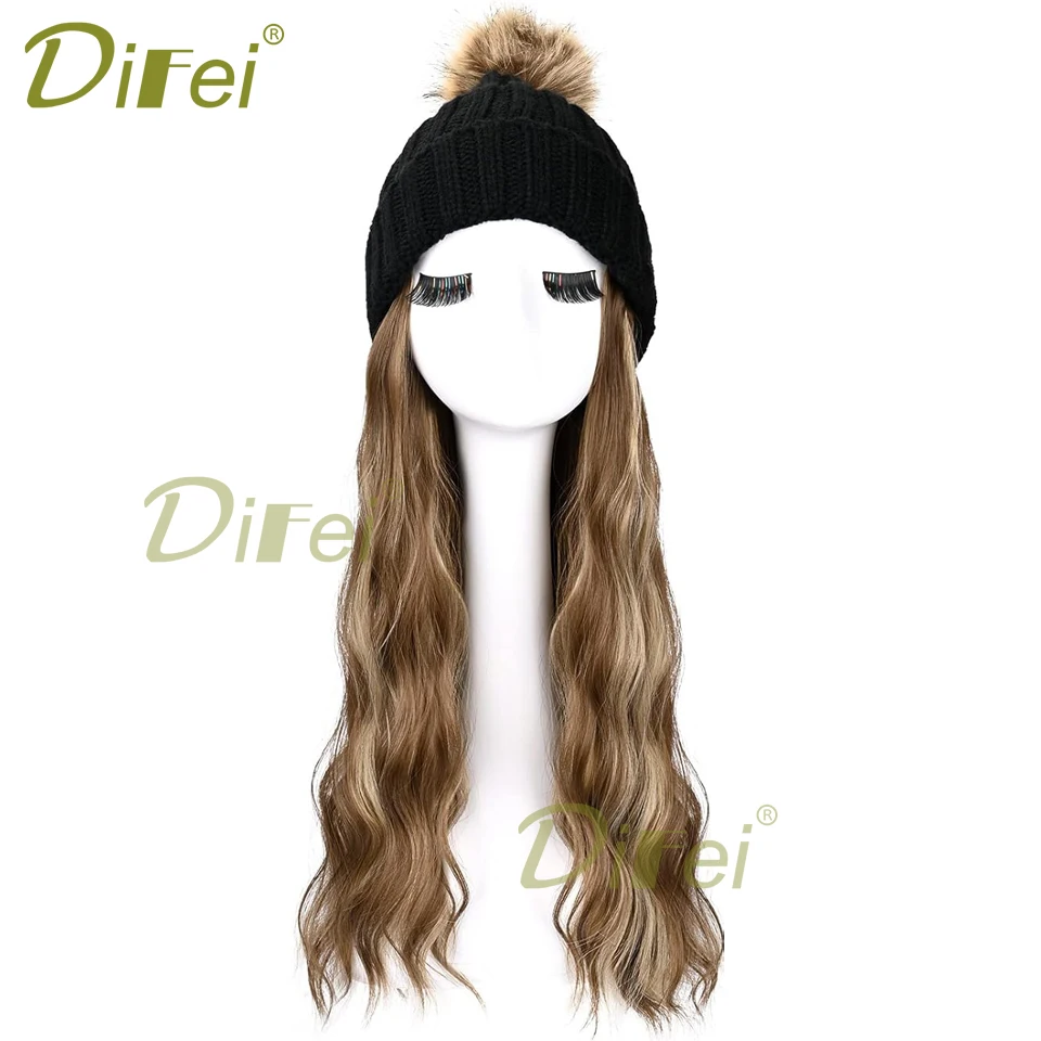 Plush Beanies Knitted Hat With Hair For Women Synthetic Long Wavy Hair Wigs Artificial Hair Extensions Winter Warm Wig Hat Fake