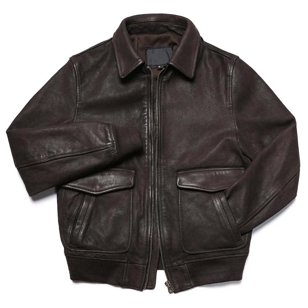 G1 Style Air Force Genuine Leather Jacket Men's Retro Vintage Brown Thick Goatskin Cloth Flight Coat Real Sheepskin