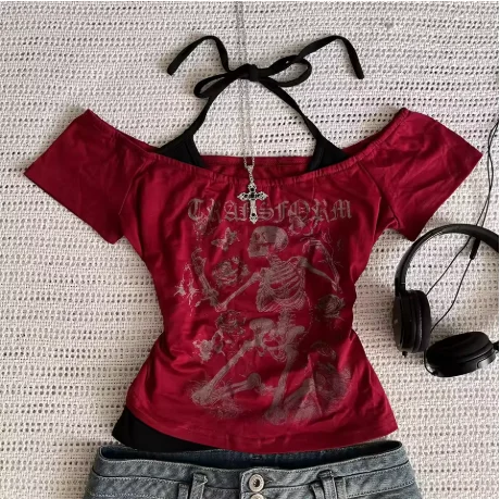 الألفية 2000s Y2k المحاصيل الجمالية الحلو ومثير سترة المرأة بلا أكمام عادية أنيمي مطبوعة سترة Harajuku الأحمر الزي الكامل Em #5