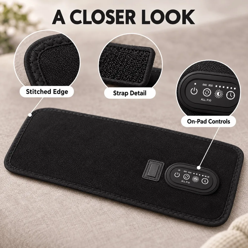 Wearable LED Red Light Therapy Pad 660nm 850nm, Near Infrared Belt for Waist Back and Abdomen, Adjustable Light Modes and Timer