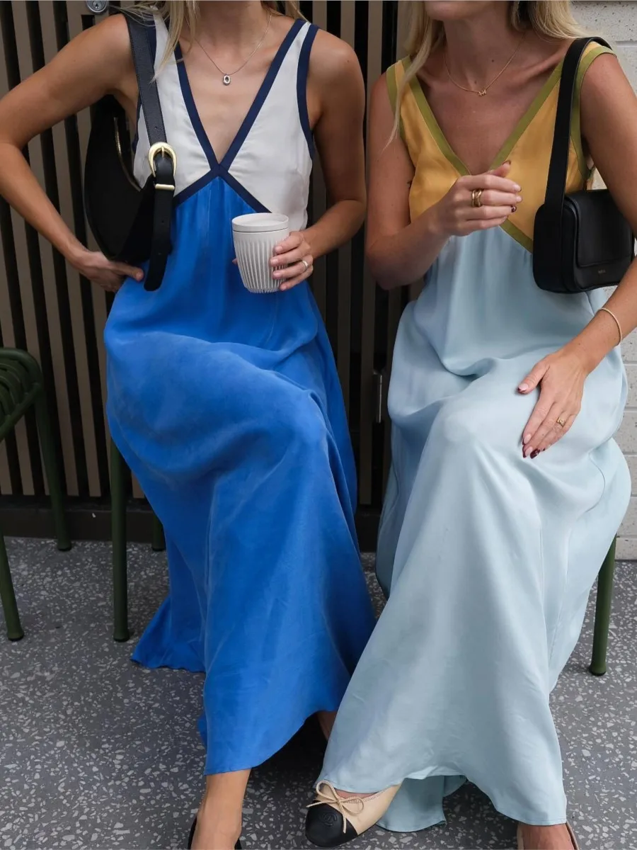

Color Patchwork Midi Dress Women 2024 New V Neck Sexy Elegant Sleeveless Vestidos Summer Casual Fashion Holiday Long Dresses