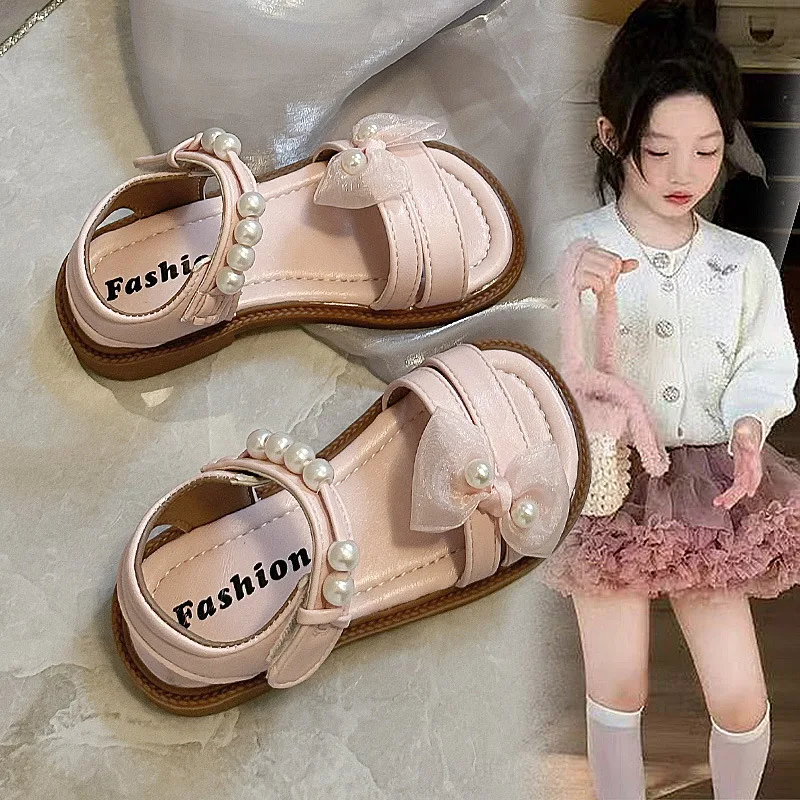 Girls Beach Shoes Open Toes Sweet Lace Bows Kids Sandals Korean Style Versatile 2026 Summer New Children Casual Shoes Non-slip