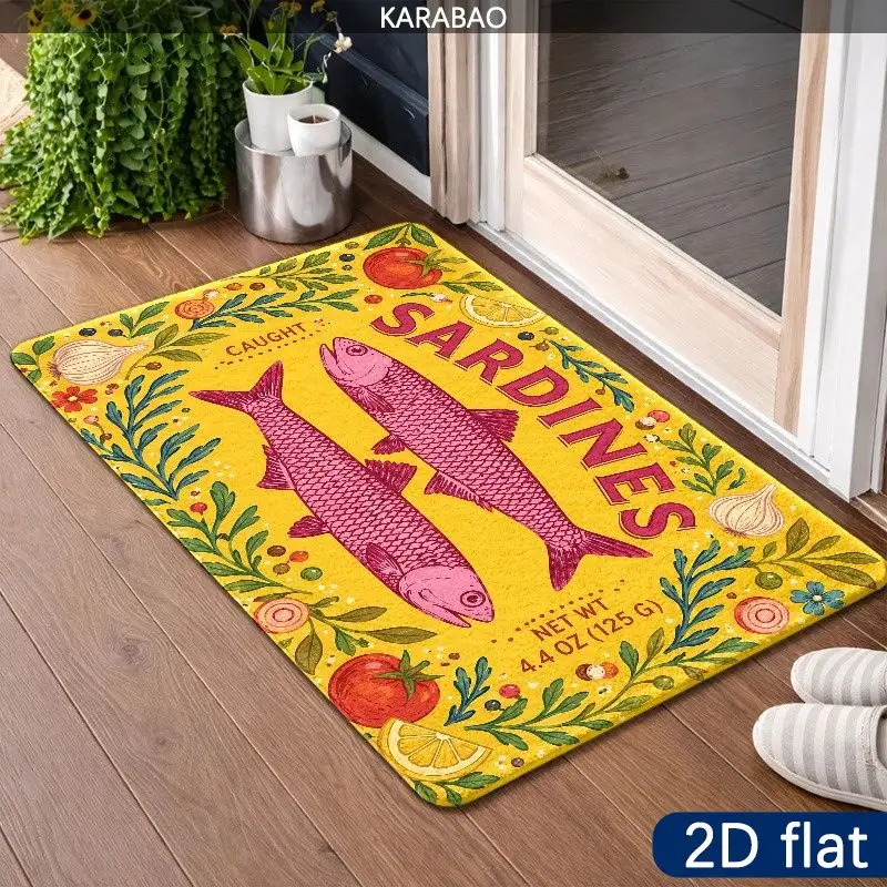VIKAMA Sardines Doormat, Yellow Mat with Pink Fish Tomato Lemon Garlic Herbs, Funny Front Door Welcome Mat, Kitchen Entrance Rug