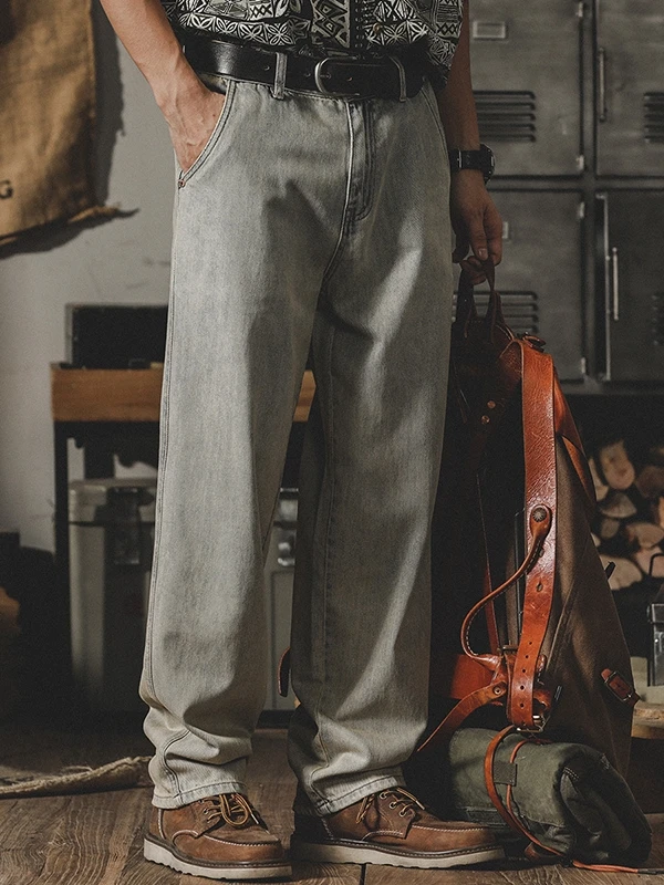 

Jerry American Retro Men's Jeans Loose Straight Leg Long Pants Mud Dyeing Heavy Wa Cotton Polyester Blend Casual Wear