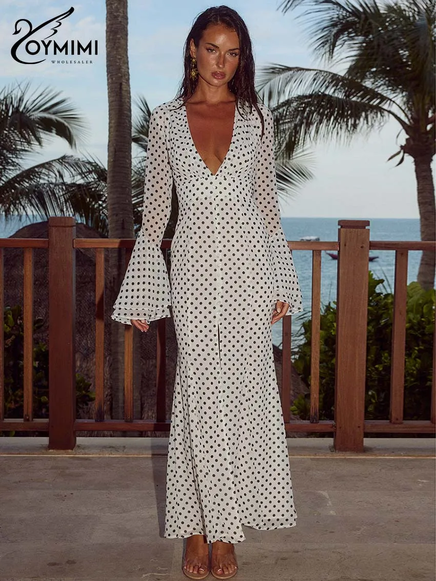 

Oymimi Elegant White Print Women's Dress Fashion Deep V-Neck Long Sleeve Dresses Casual High Waisted Slit Ankle-Length Dresses