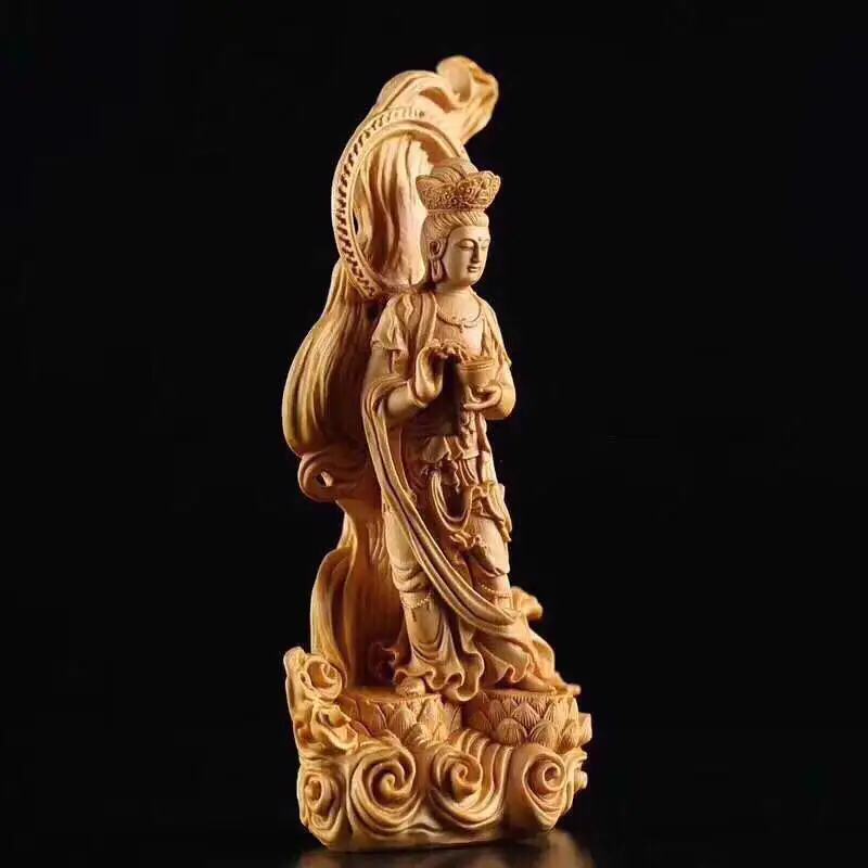 Cliff cypress wood carve crossing the sea Guanyin Bodhisattva Buddha statue offering home Feng Shui auspicious decoration craft