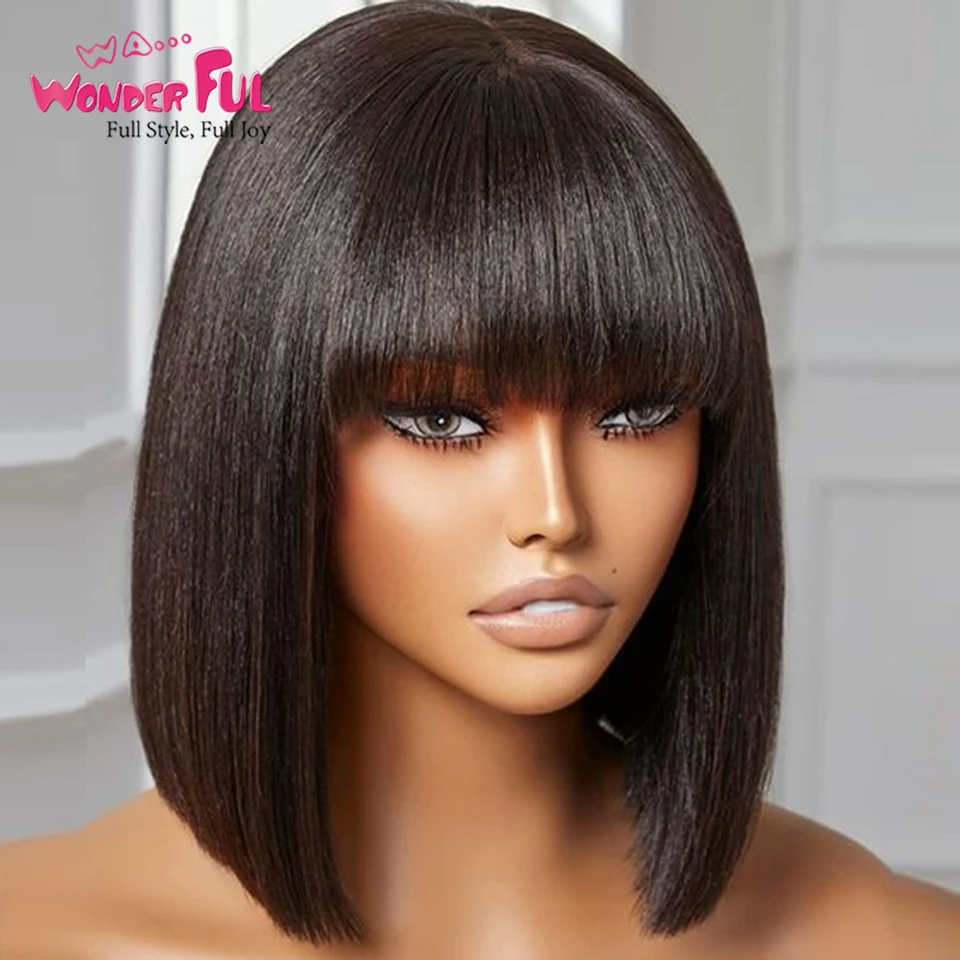 Brazilian Remy Hair Natural Short Straight Bob With Bangs 100% Human Hair Wigs For Black Women 180%D  Full Machine Made Wigs