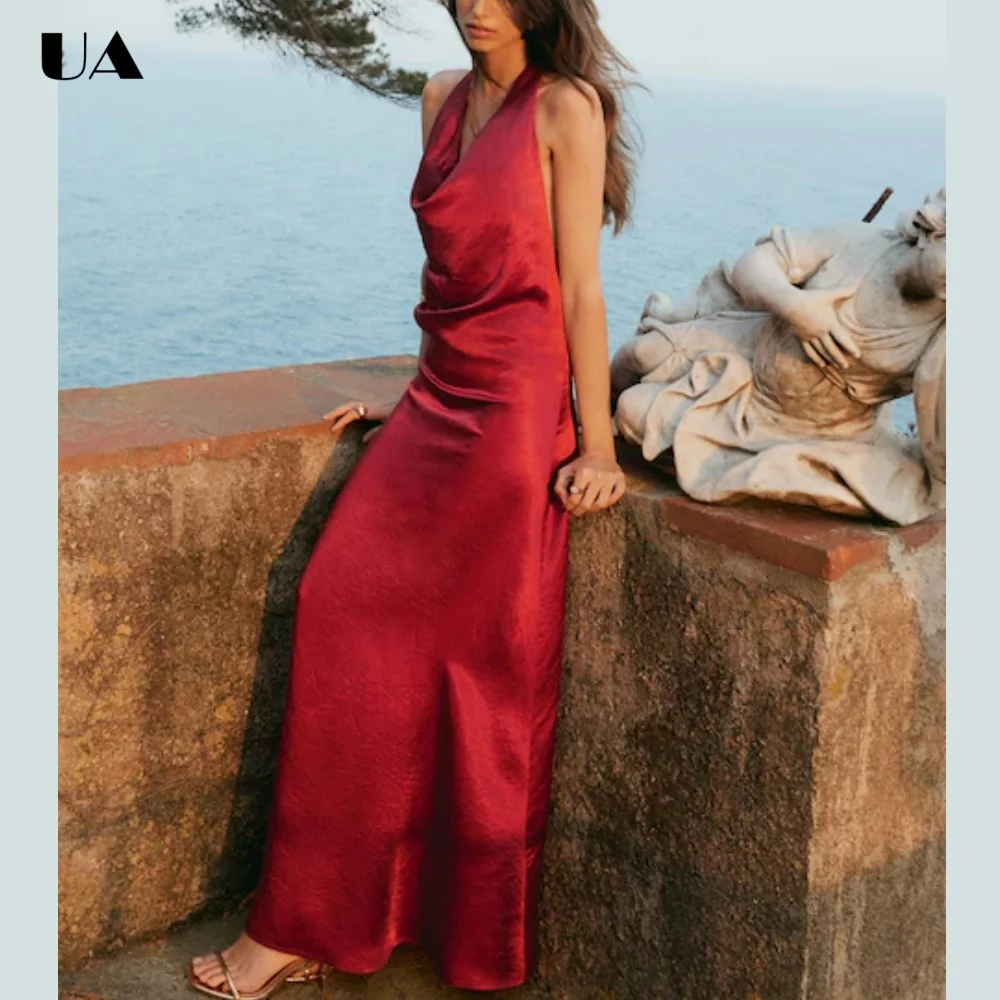 ULBYANRY Sexy Backless Draped Prom Dress Elegant Satin Straight Evening Dress Customized Solid Sleeveless Wedding Guest Dress