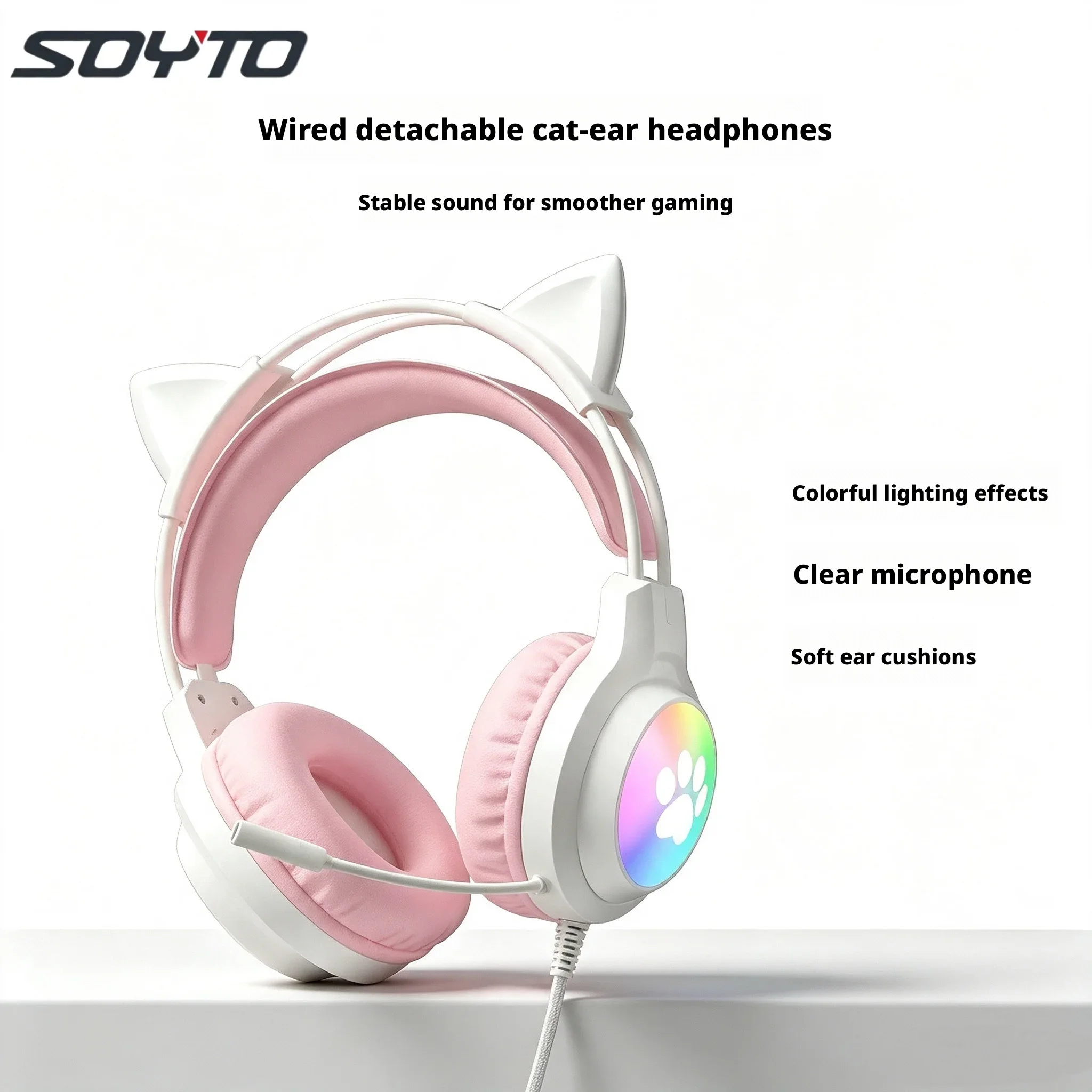 SOYTO Wired Gaming Headphones Detachable Cat Ears RGB Color Lighting with Clear Mic Soft Cushion ForComputer Game Live Streaming