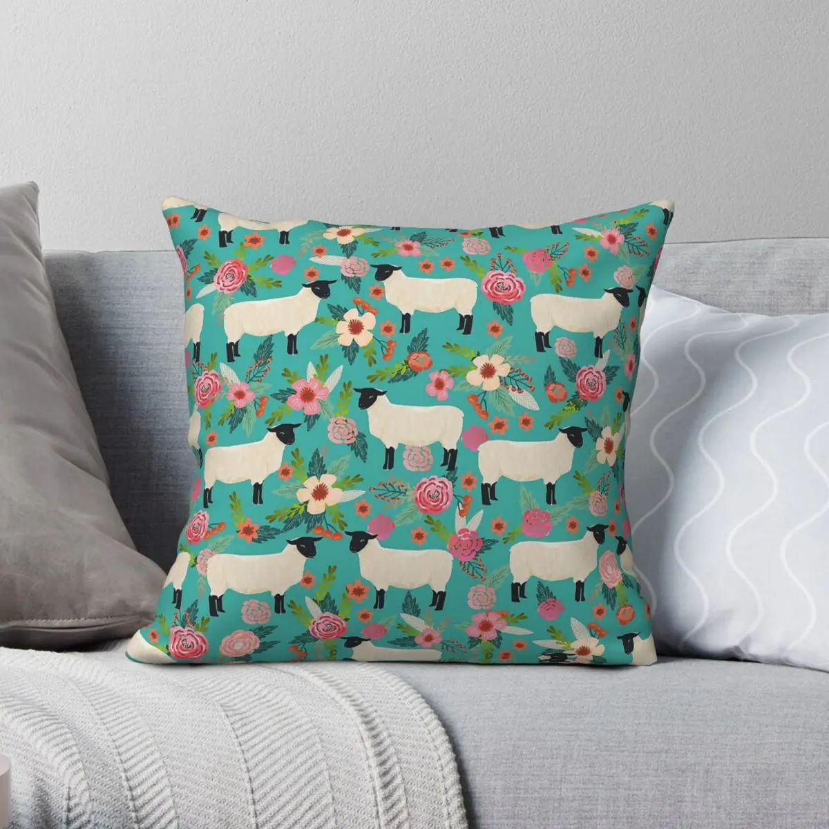 Sheep Farm Sanctuary Florals Square Pillowcase Polyester Linen Velvet Pattern Zip Decor Home Cushion Cover