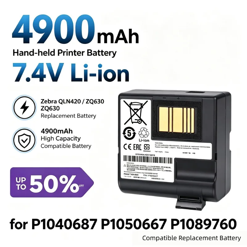 Zebra QLN420 ZQ630 7.4V 4900mAh Hand‑held Printer Battery for P1040687 P1050667 P1089760 Replacement Compatible Battery