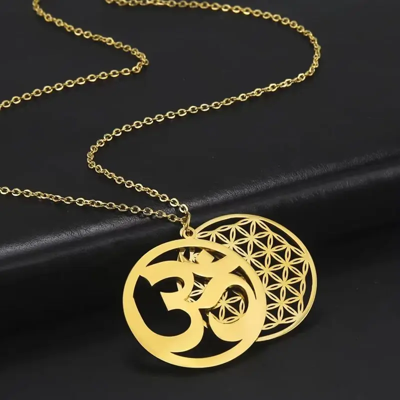 LIKGREAT OM Symbol Pendant Necklace Stainless Steel Flower of Life Yoga Buddhist Spiritual Meditation Choker Amulet Jewelry Gift