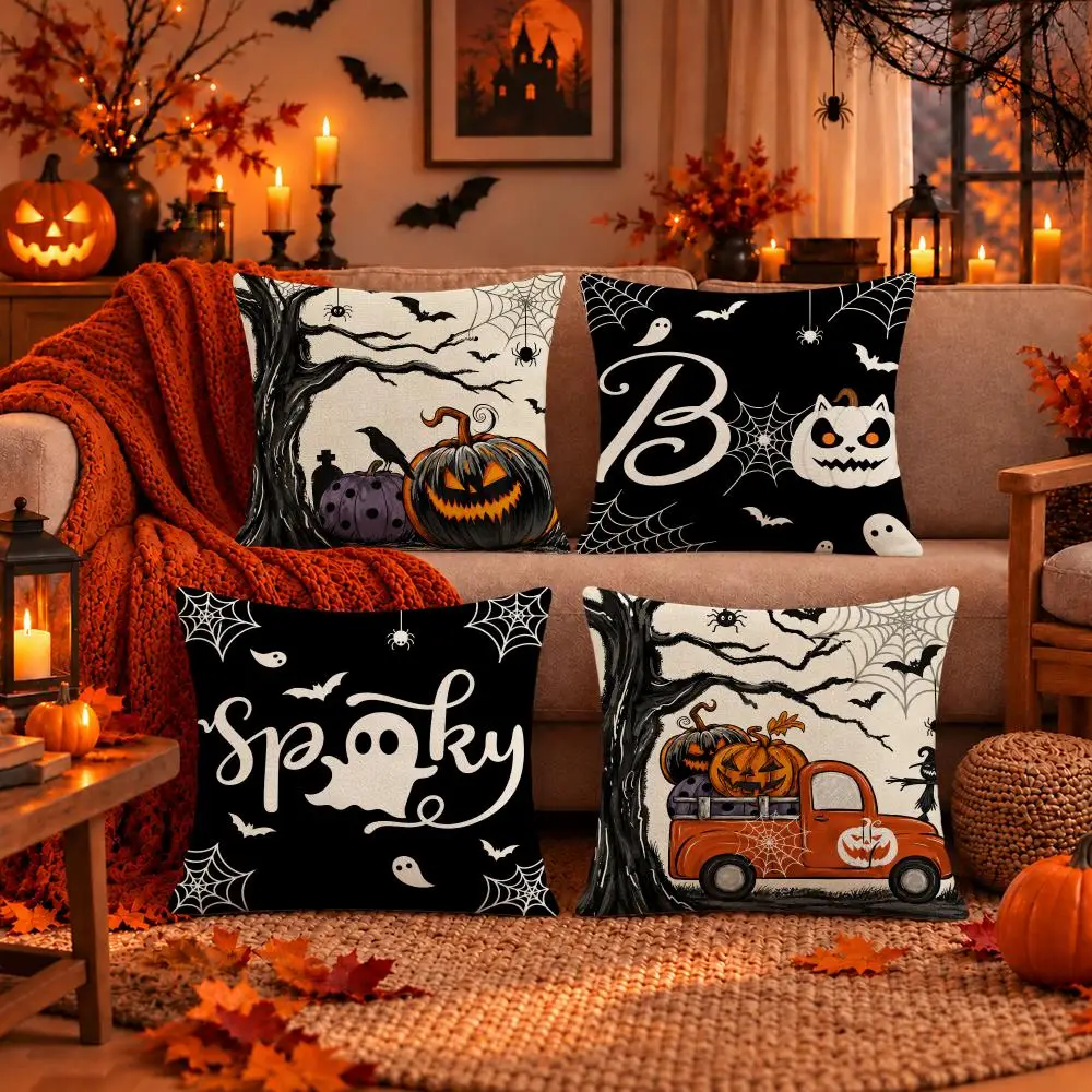 Art Halloween Spooky Farmhouse Typography Cushion Cover Dark Gothic Plush Pillow Covers for Sofa Bedroom Home Decor