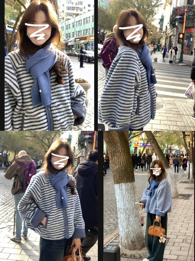 معطف نسائي كوري من فرو الخروف الممشط للخريف والشتاء، سترة علوية زرقاء مخططة، معطف أنيق فضفاض وطويل