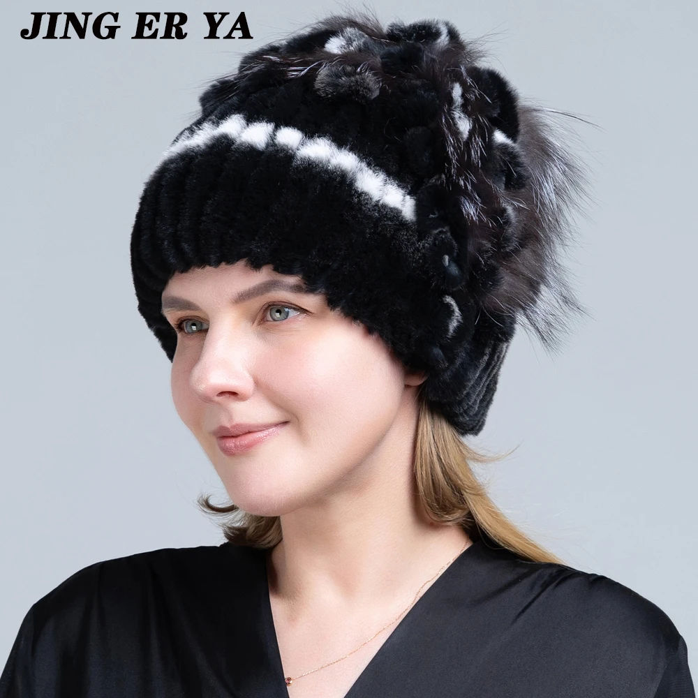 JERYAFUR Winter Women\'s Warm Fashion Beanie Knitted Hat Real Rex Rabbit Fur Hat Knitted with Side Flower Russia Hat