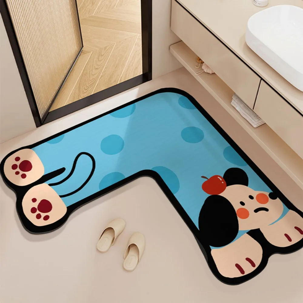 VIKAMA L-Shaped Bathroom Mat, Anti-Slip Fall Prevention Blue Dog Design, Water-Absorbing Diatomaceous Earth Suitable for Toilet
