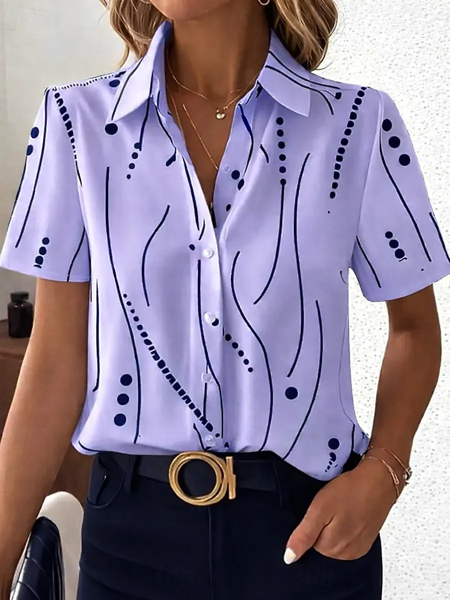 2026 Summer Women's simple  Dot Line Pattern Shirt Lapel Collar Short Sleeve Casual Button Up Shirts for Outfits Women Clothing