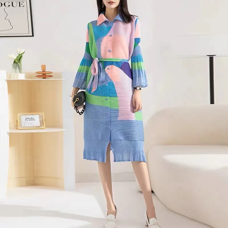 Miyake Pleated Fashion Cardigan 2024 Spring and Autumn Season New Women's Checker Print A-Version Loose Small Flip Collar Coat