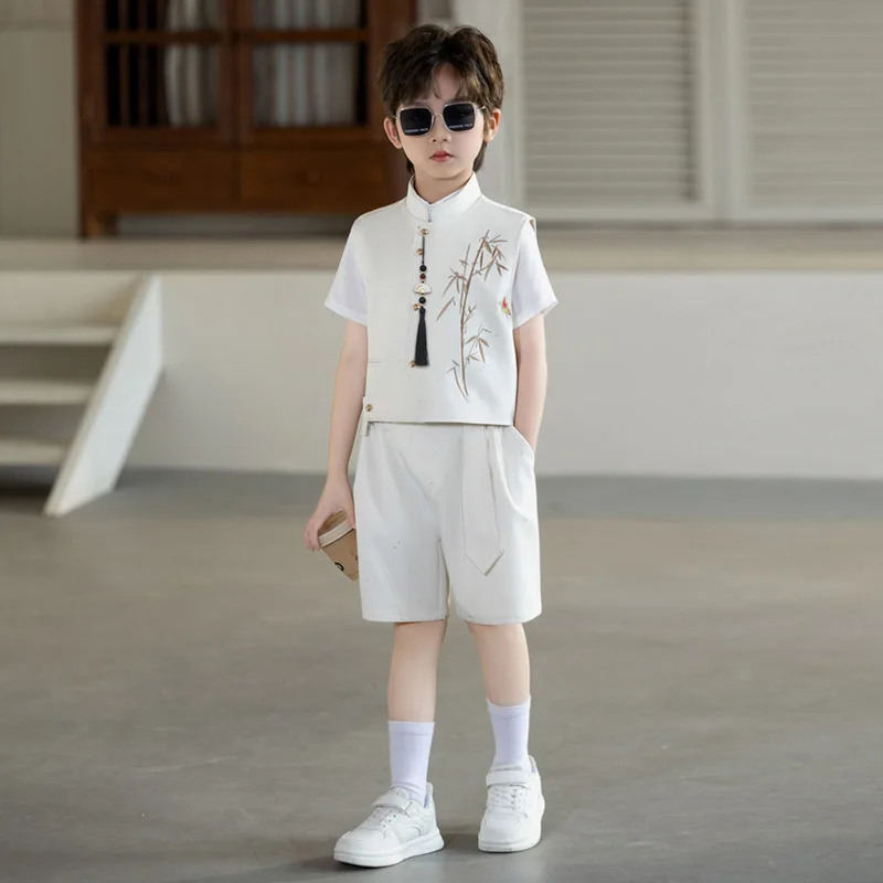 Boys Chinese Bamboo Embroidery Shorts Set Short Sleeve Shirt Glitter Fabric for Spring Festival Birthday Stage Party Costume 8 Y