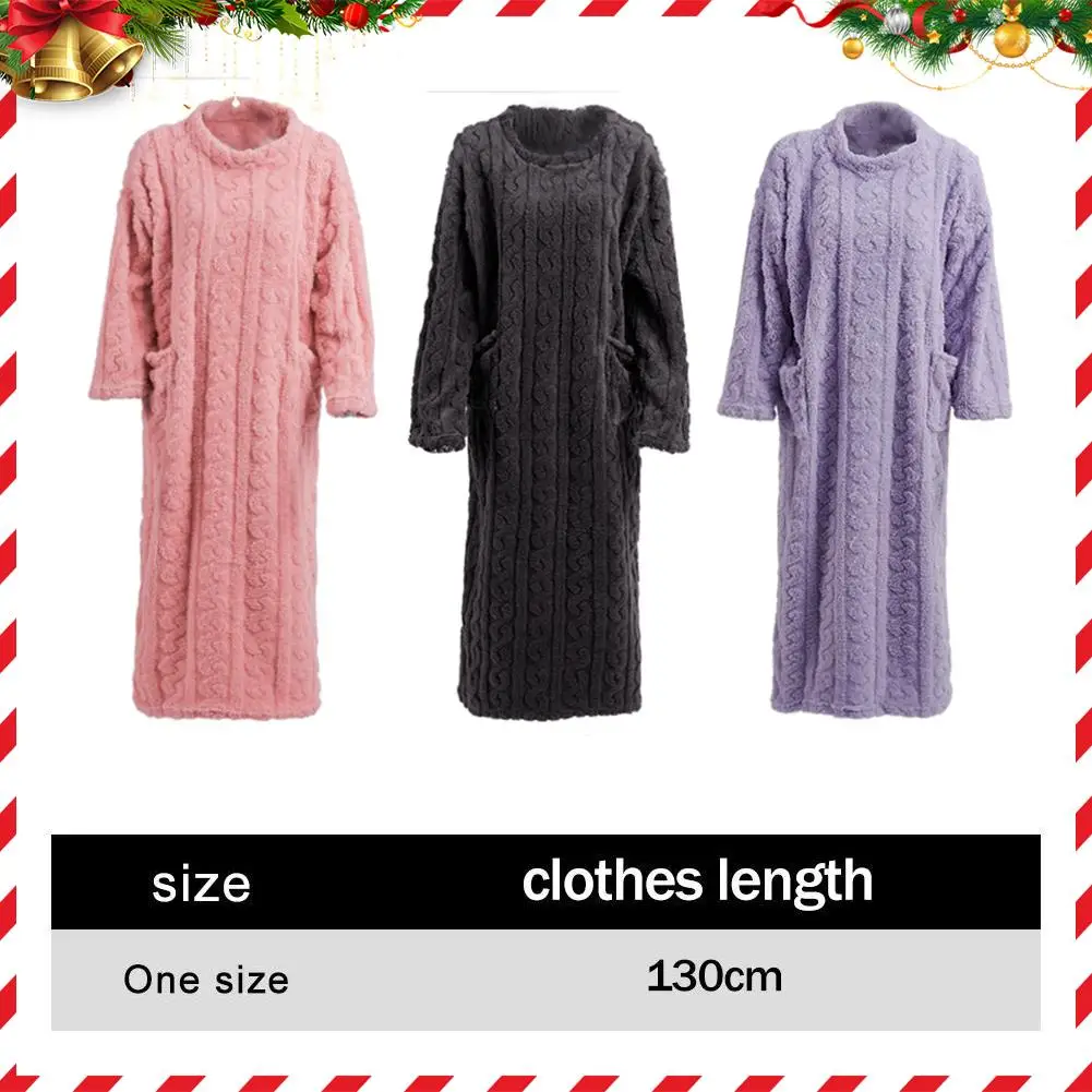 Coral Velvet Women's Nightgown Autumn And Winter Long Sleeve Double Pocket Flannel Nightgowns Women Loose Solid Sleepwear