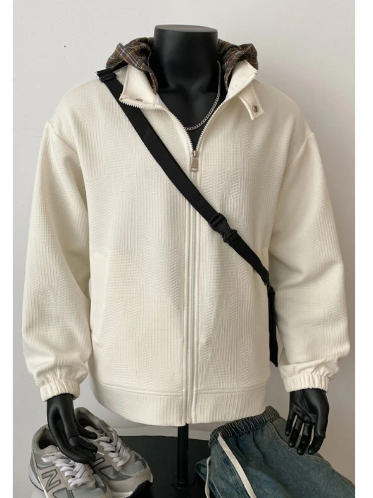 

Men's Textured Casual White Jaet Spring 2025 New Cleanfit Zipper Loose Stand Collar Outerwear Faionable Polyester Blend